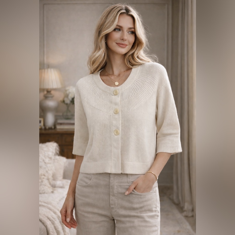 Style & Co. Cream Button-Front Short Sleeve Cardigan